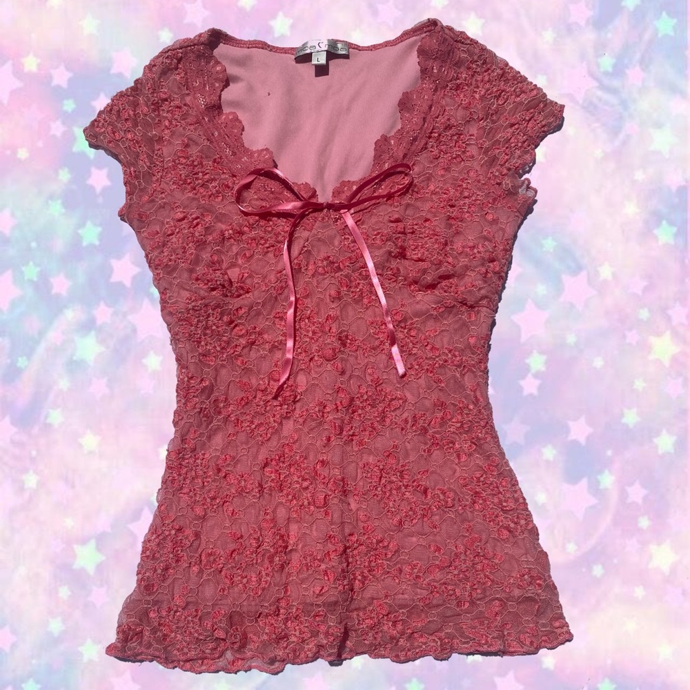 Moa Moa 2000s junior pink lace v neck blouse
